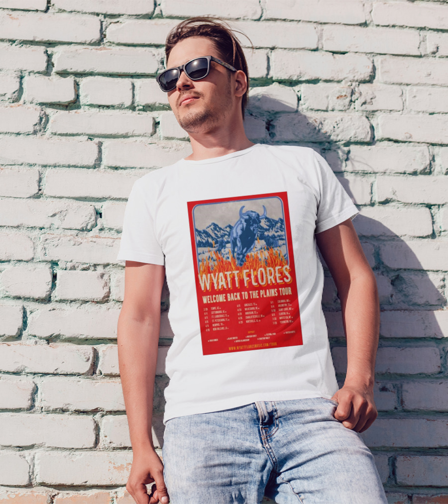 Wyatt Flores Welcome Back To The Plains Tour 2025 Blue Bull In Fiery Landscape With Tour Dates And Locations T-Shirt