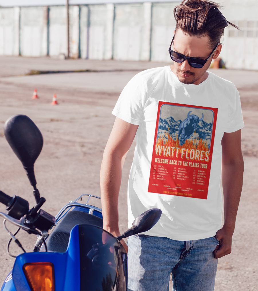 Wyatt Flores Welcome Back To The Plains Tour 2025 Blue Bull In Fiery Landscape With Tour Dates And Locations T-Shirt