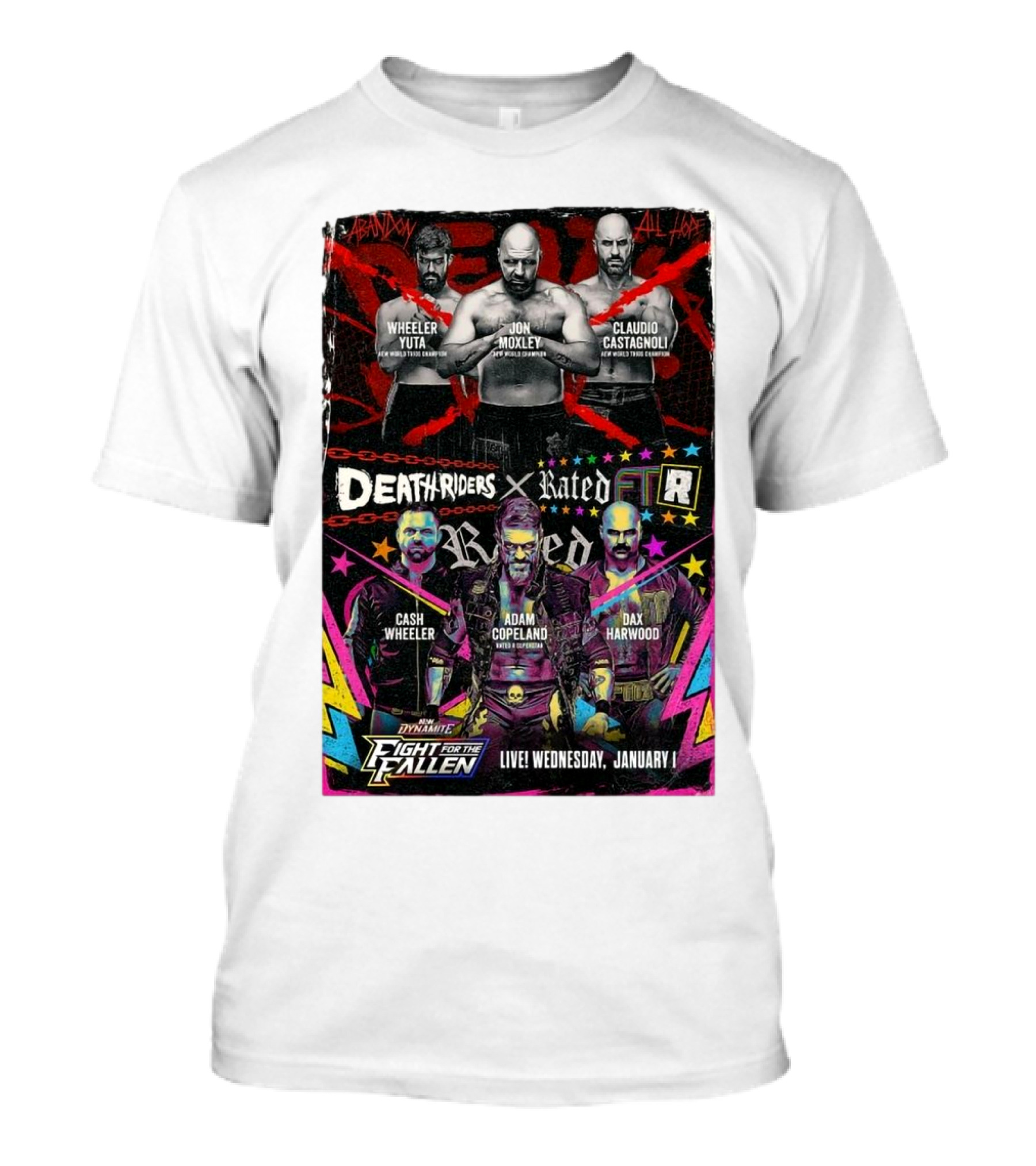 Death Riders Vs Rated FTR AEW Fight For The Fallen Jon Moxley Adam Copeland Wheeler Yuta Claudio Castagnoli Cash Wheeler Dax Harwood Live Wednesday January 1 2025 T-Shirt