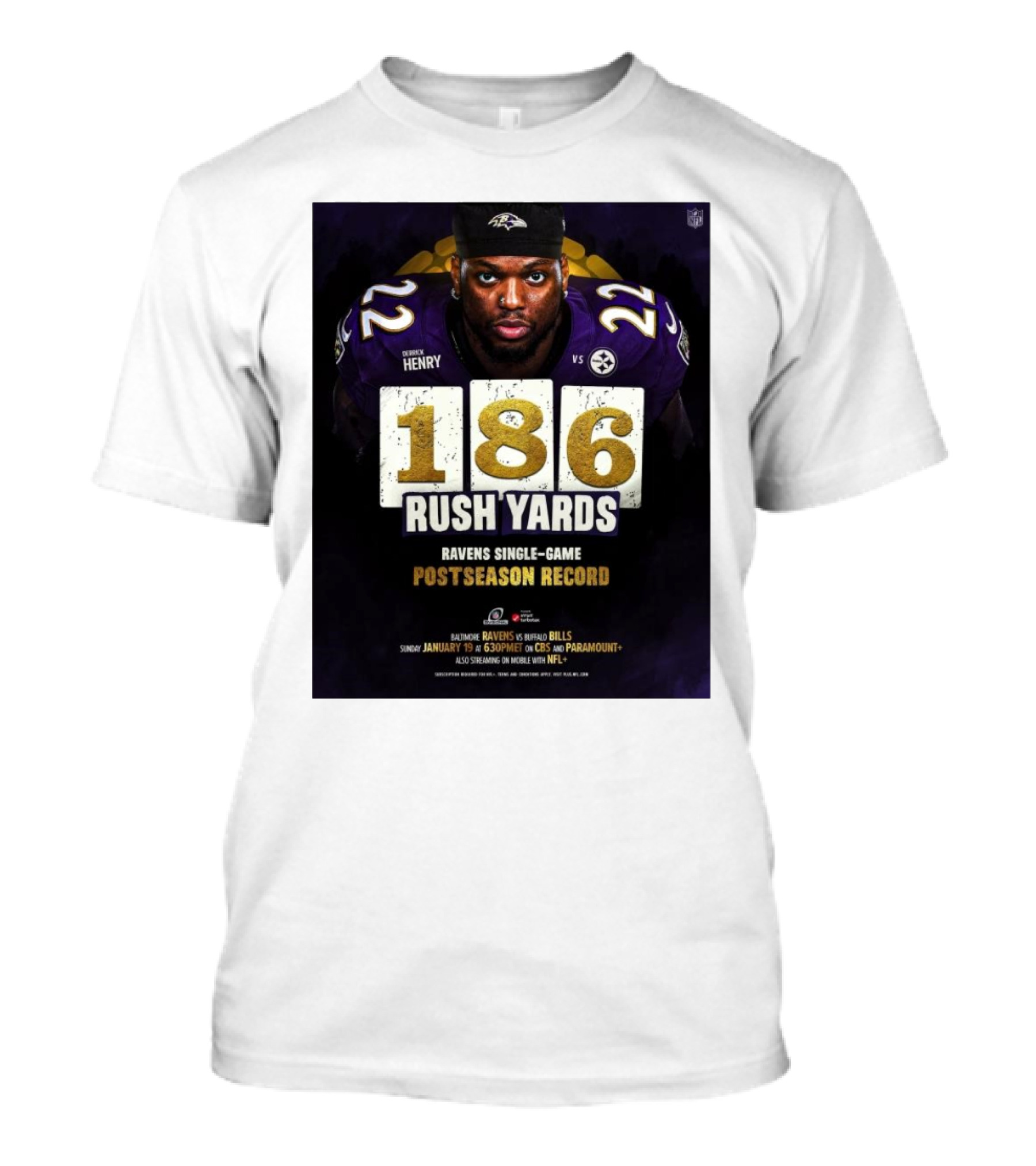 Derrick Henry Jr. 186 Rush Yards Ravens Single-Game Postseason Record Vs Steelers T-Shirt