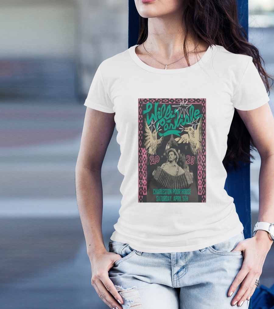 Willi Carlisle Live At Charleston Pour House SC Saturday April 5 2025 Accordion Performance With Illustrated Birds And Geometric T-Shirt