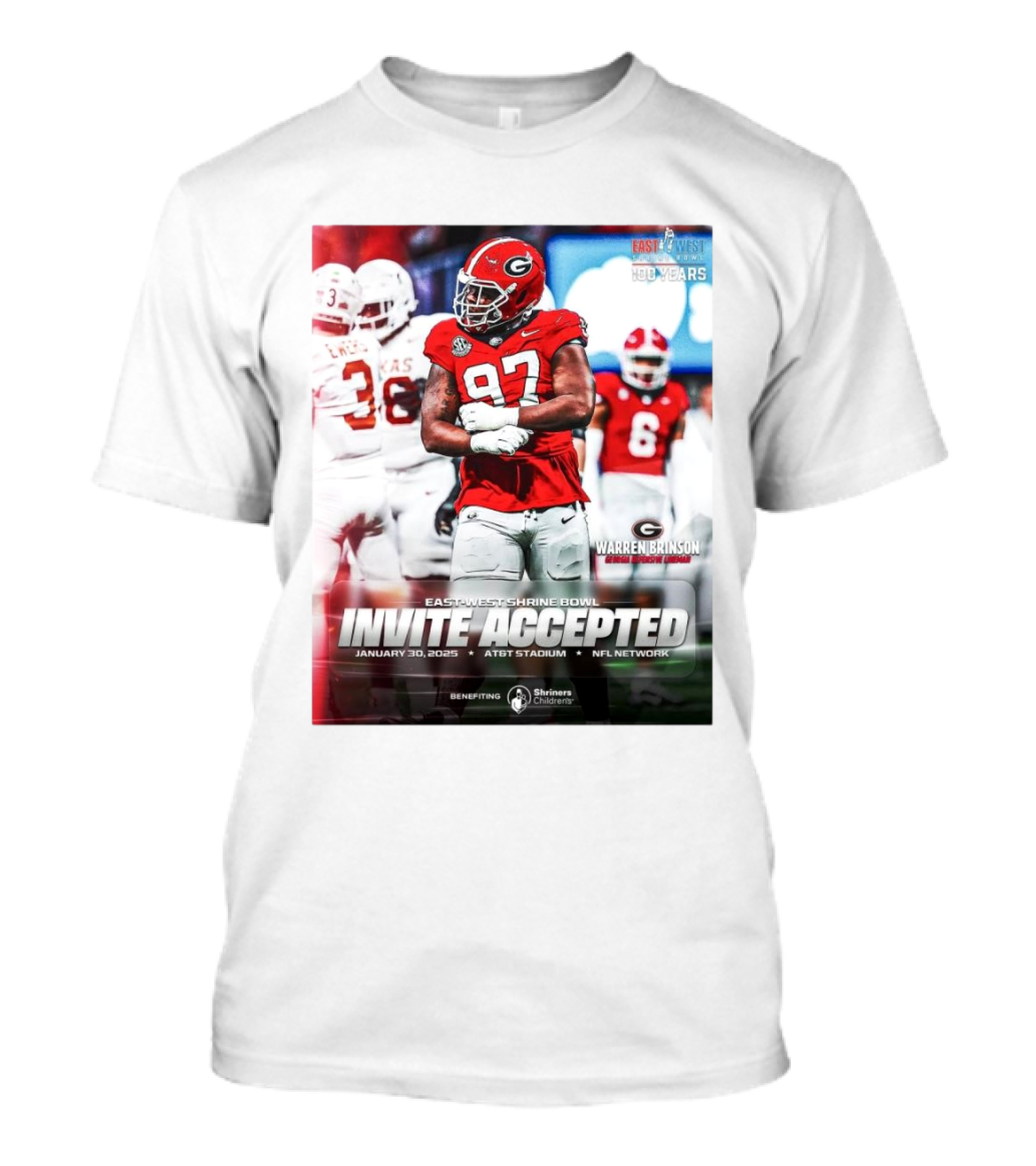 Warren Brinson Georgia Bulldogs East-West Shrine Bowl Invite Accepted January 30 2025 AT&T Stadium NFL Network T-Shirt