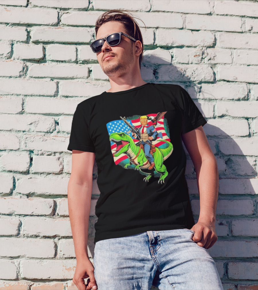 Bald Eagle US Flag Trump Dinosaur Riding Patriotic Scene T-Shirt