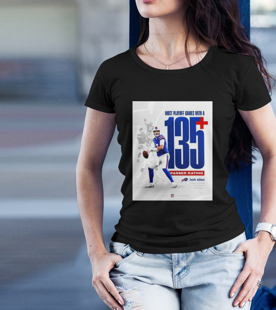 Buffalo Bills Josh Allen Most Playoff Games With A 135+ Passer Rating NFL Record Peyton Manning Kurt Warner Joe Montana T-Shirt