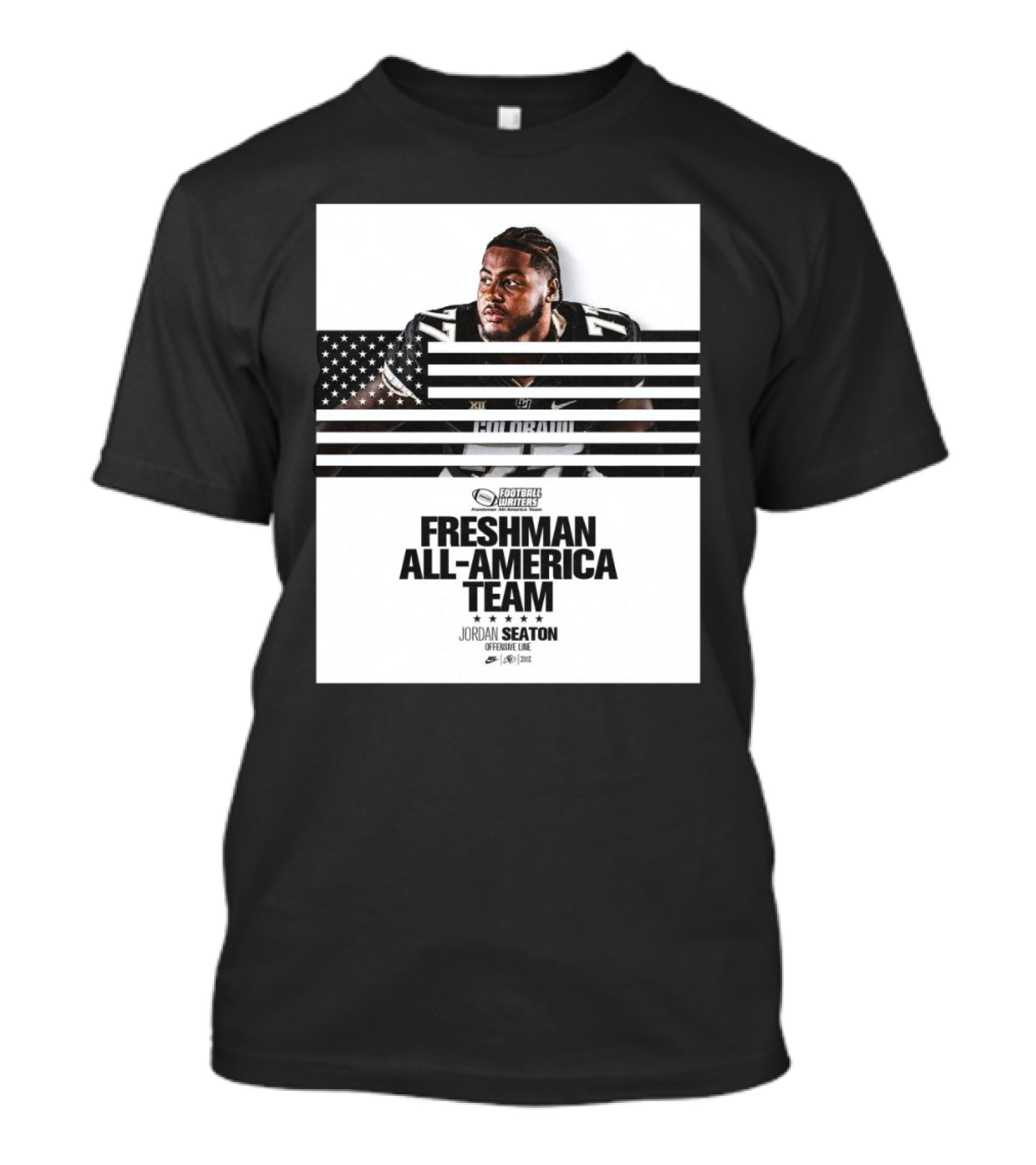 Colorado Buffaloes Jordan Seaton Freshman All-America Team FWAA Offensive Line Football Writers T-Shirt