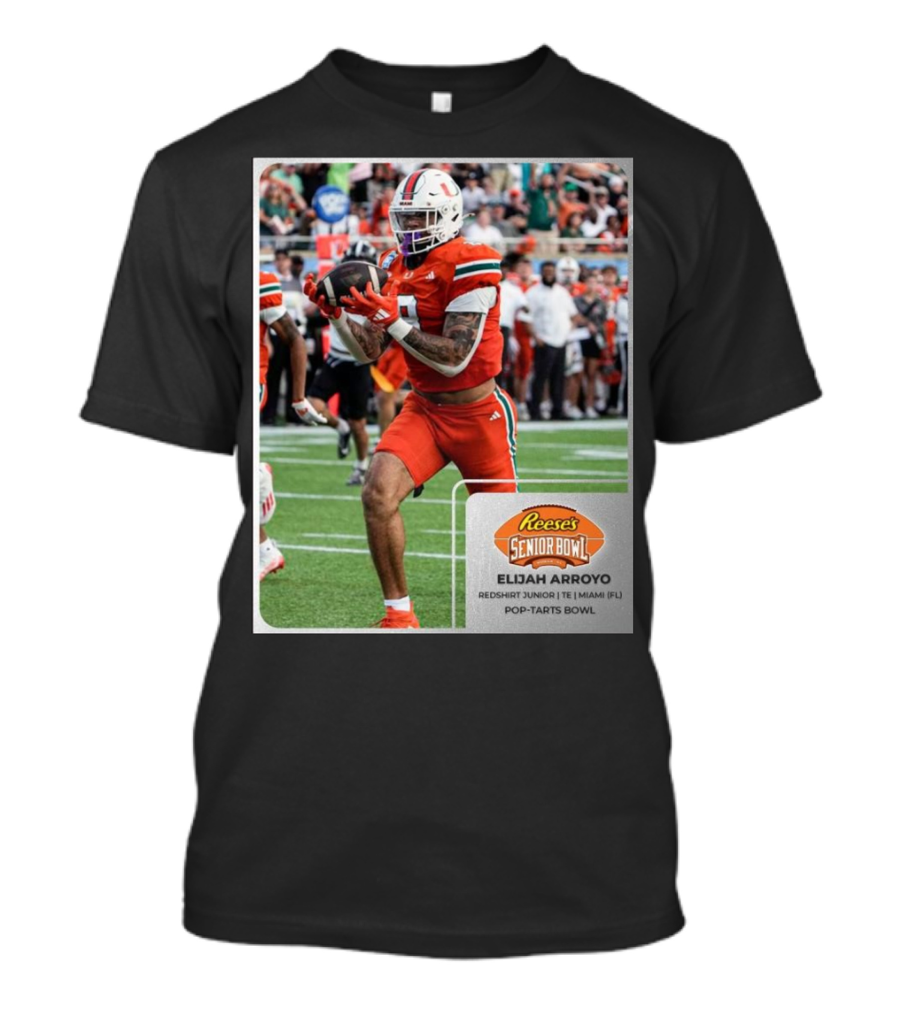 Elijah Arroyo Miami Hurricanes Red Redshirt Junior TE Reese’s Senior Bowl Pop-Tarts Bowl T-Shirt