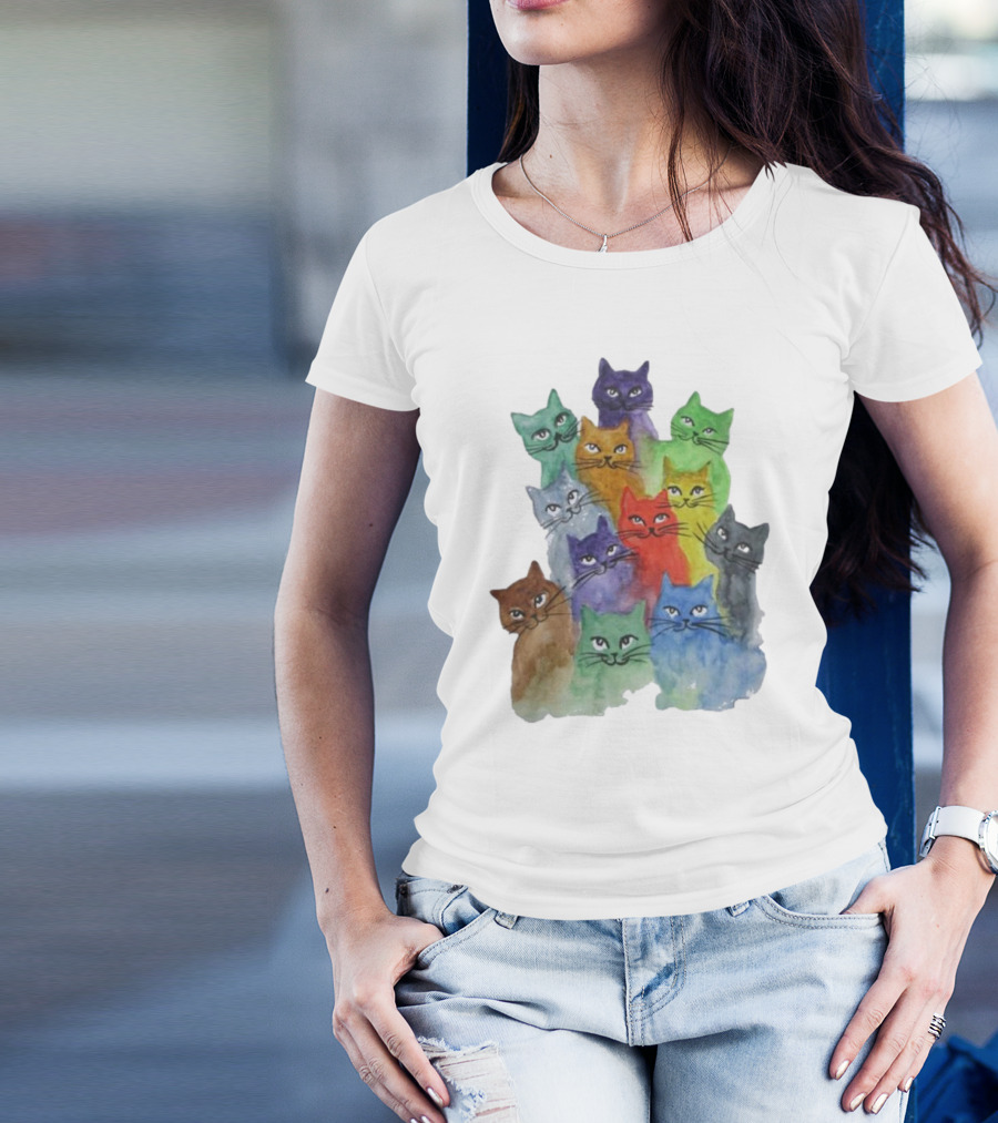 Cats All Around Colorful Watercolor Feline Faces T-Shirt
