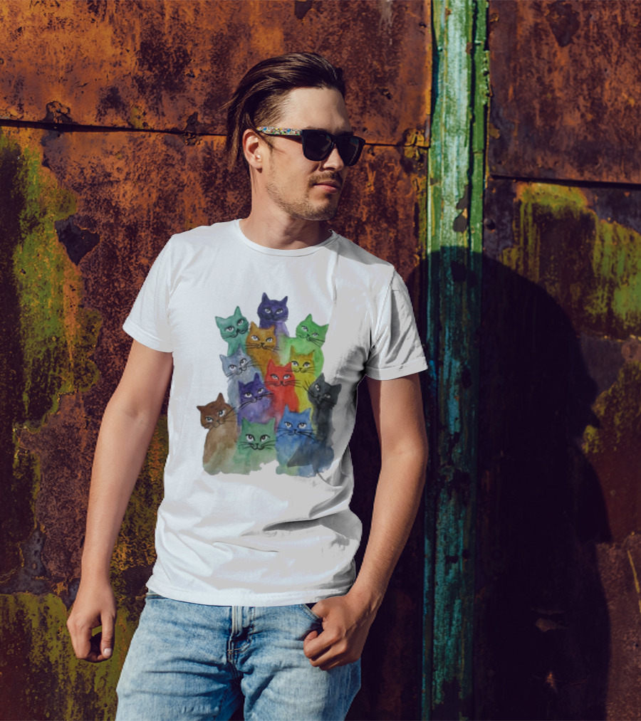 Cats All Around Colorful Watercolor Feline Faces T-Shirt