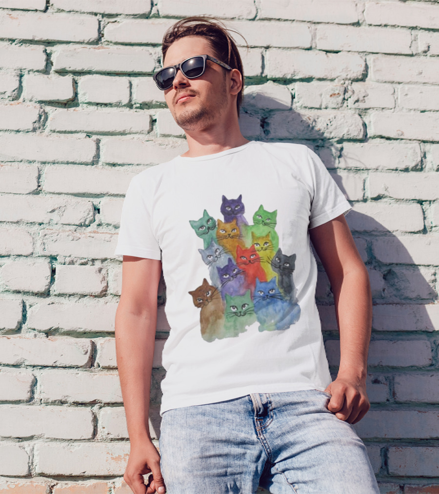 Cats All Around Colorful Watercolor Feline Faces T-Shirt