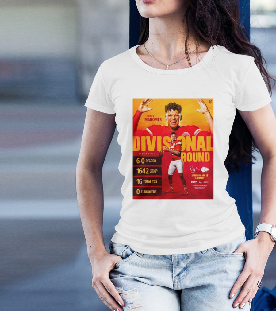 Divisional Round Patrick Mahomes 6-0 Record 1642 Passing Yards Kansas City Chiefs Vs Houston Texans Jan 18 4:30PM 16 Total TDs 0 Turnovers Career Stats T-Shirt