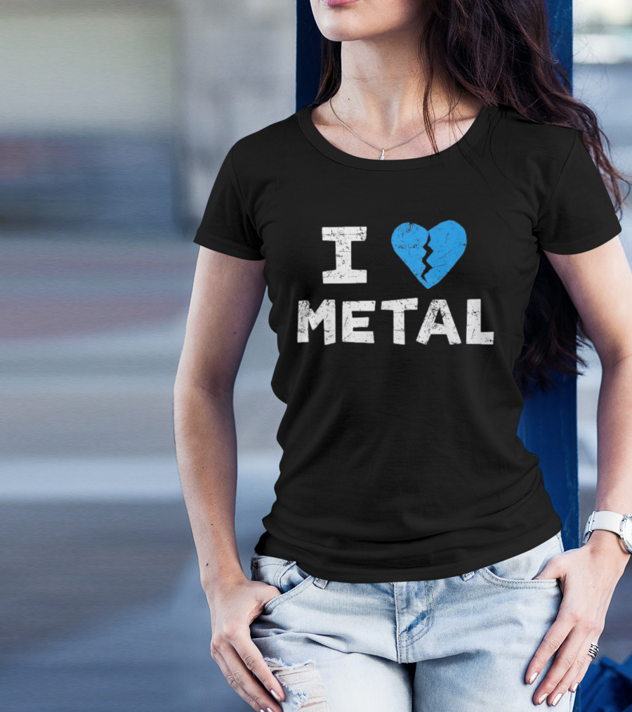 I Love Metal Broken Heart Blue Distressed Text T-Shirt