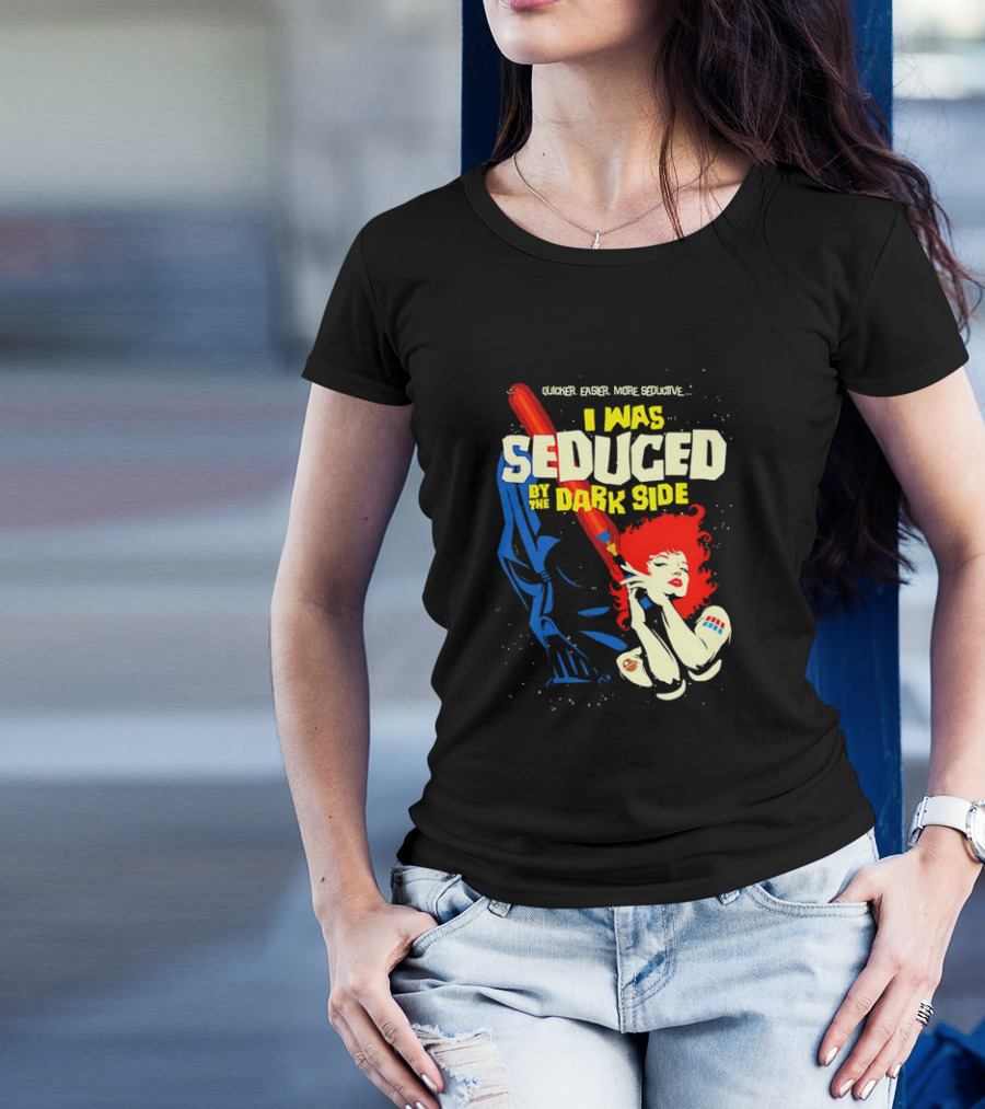 I Was Seduced By The Dark Side Cartoon Darth Vader And Redhead Woman T-Shirt
