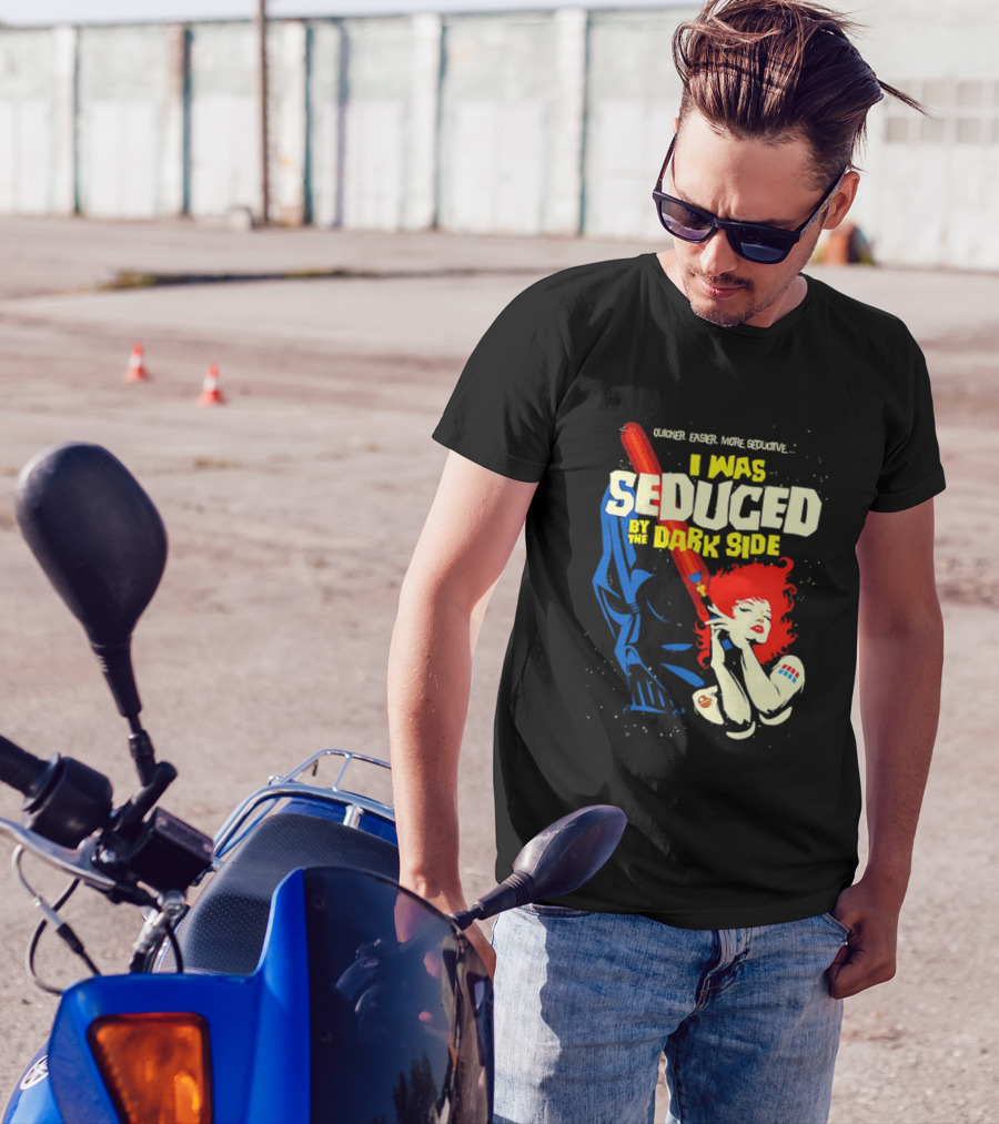I Was Seduced By The Dark Side Cartoon Darth Vader And Redhead Woman T-Shirt