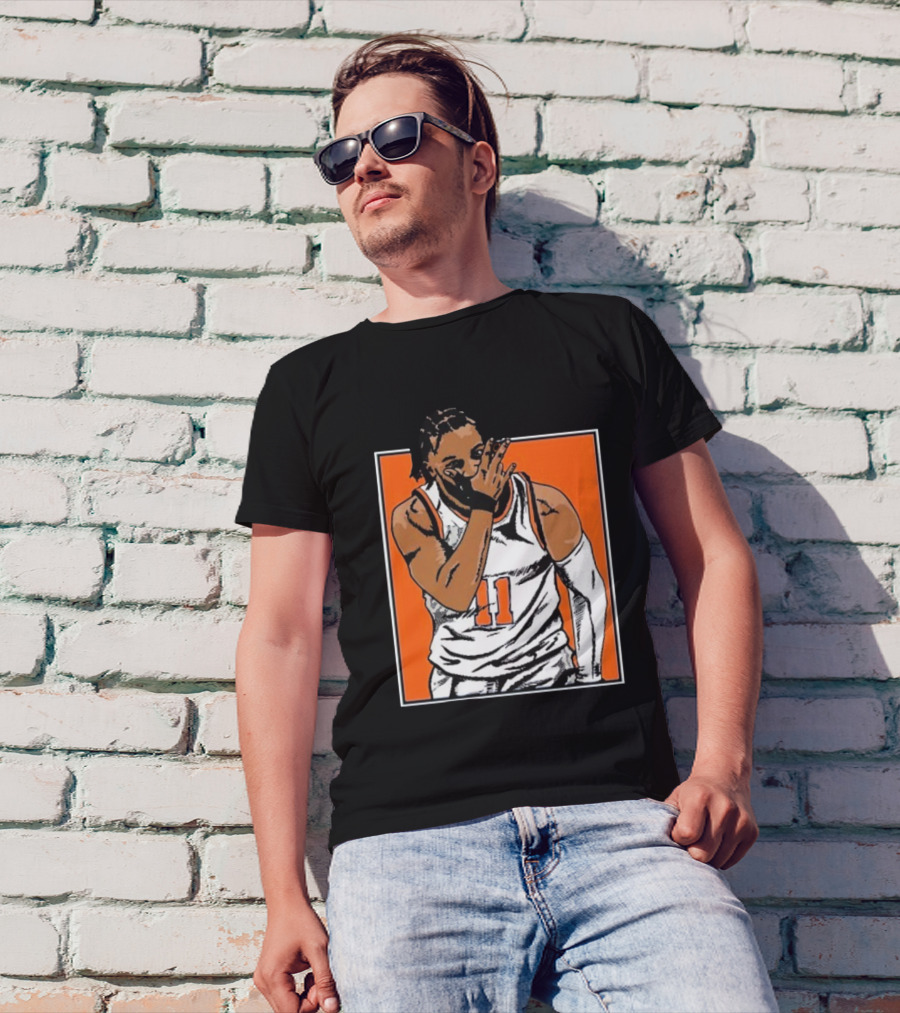 Jalen Brunson Number 11 Knicks Celebration Gesture Orange Background T-Shirt