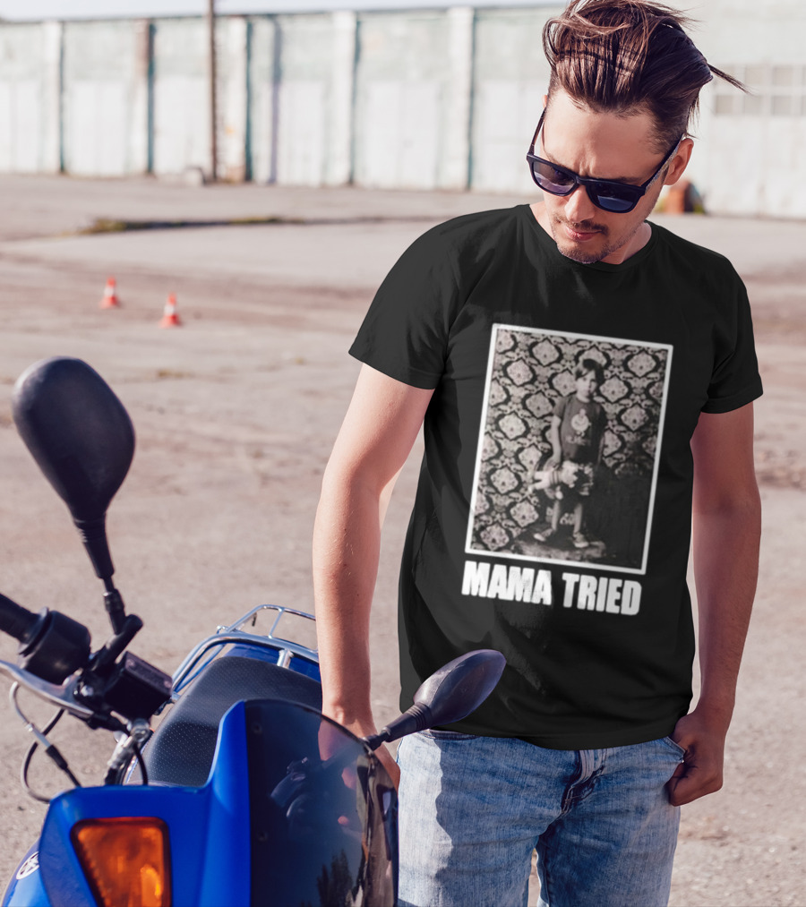 James Clark Mama Tried Child Holding Teddy On Abstract Wallpaper T-Shirt