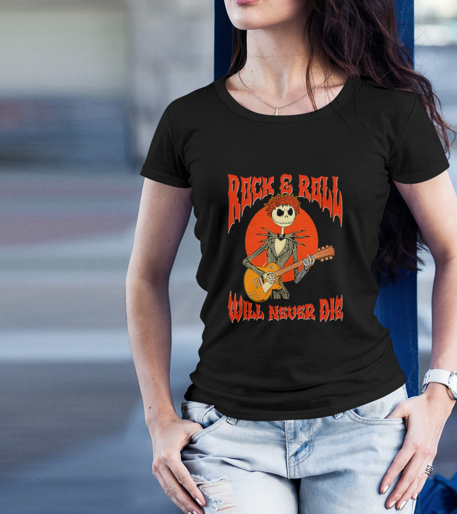 Rock And Roll Will Never Die Jack Skellington Playing Guitar T-Shirt