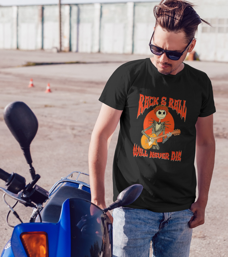 Rock And Roll Will Never Die Jack Skellington Playing Guitar T-Shirt