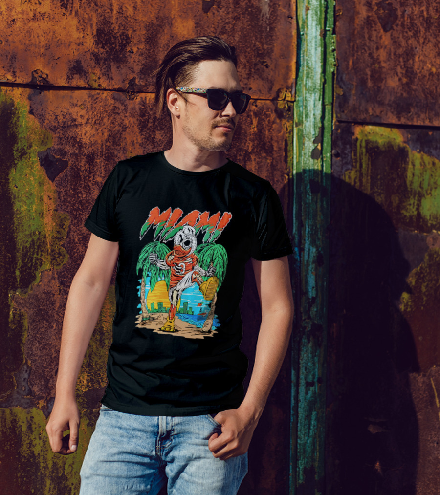 Miami Hurricanes Sebastian The Ibis Palm Trees Cityscape Sunrise T-Shirt