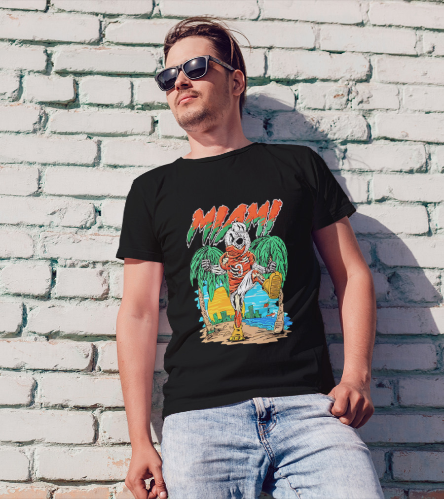 Miami Hurricanes Sebastian The Ibis Palm Trees Cityscape Sunrise T-Shirt