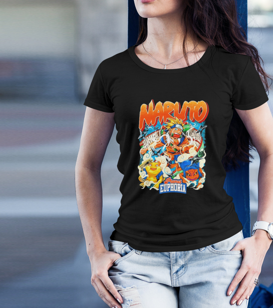 Naruto Planet Euphoria Visible Text With Ninja Frogs And Kunai Swirling Cloud Elements T-Shirt