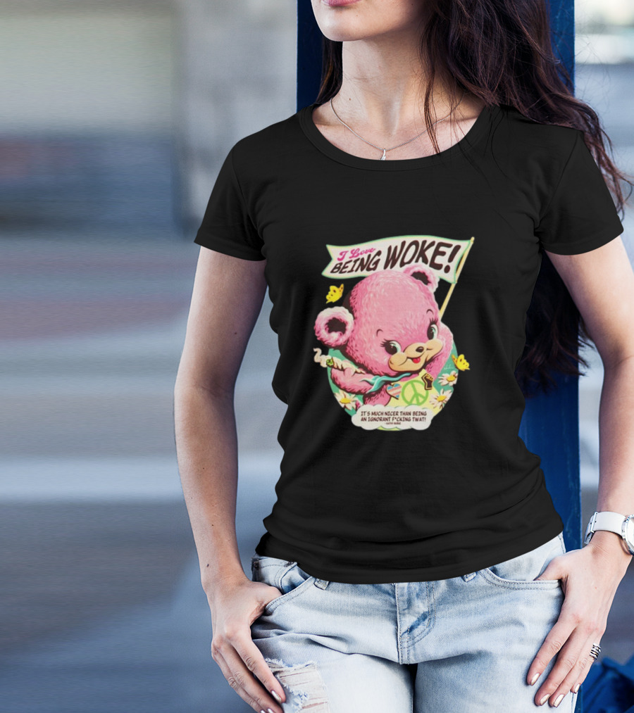 I Love Being Woke Cute Pink Bear Peace Symbol Butterflies T-Shirt