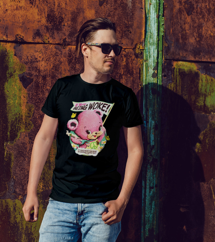 I Love Being Woke Cute Pink Bear Peace Symbol Butterflies T-Shirt