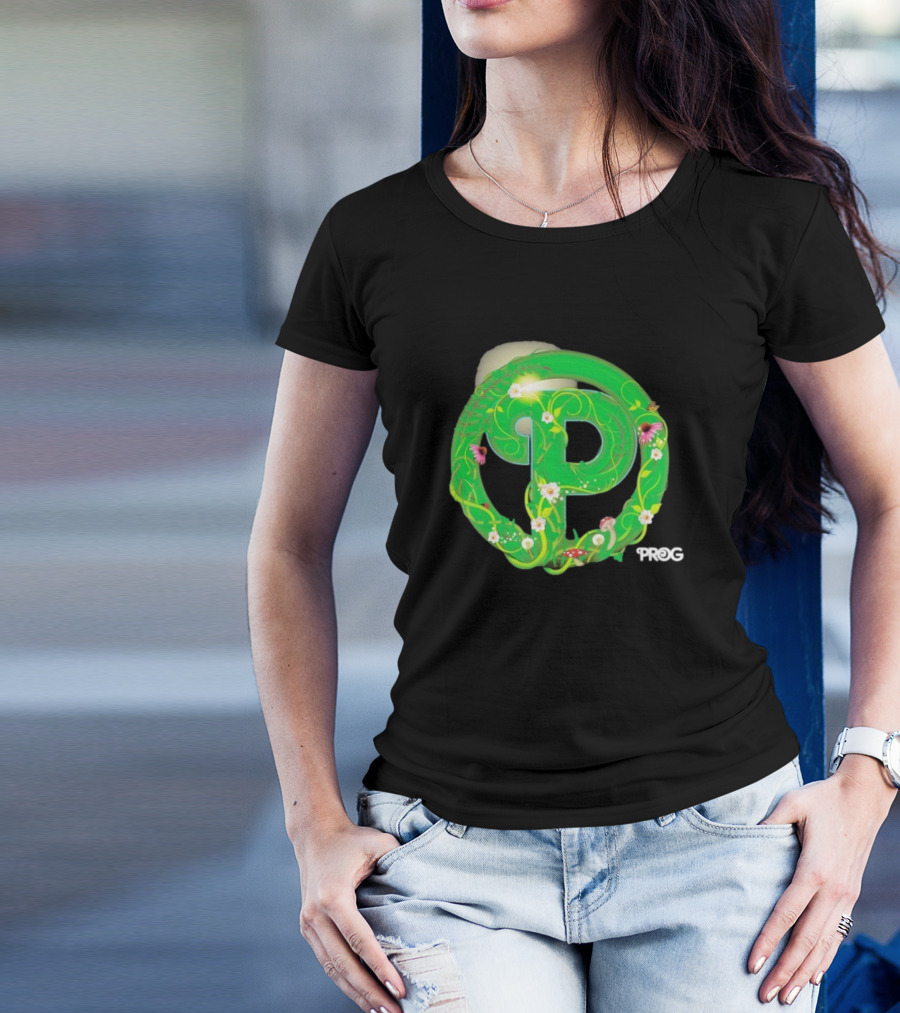 Prog Green Nature-Inspired Letter P With Flowers And Mushrooms T-Shirt