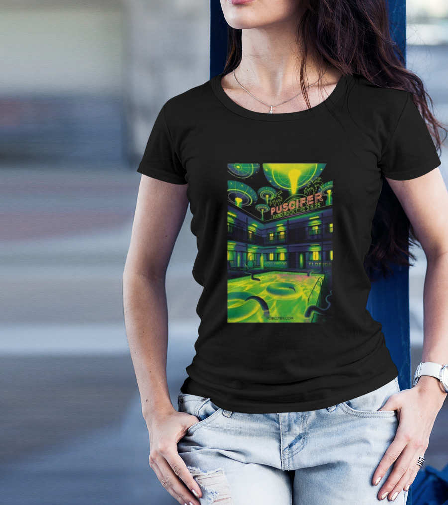Puscifer Hard Rock Live Hollywood Florida May 6 2025 UFO Neon Pool Scene T-Shirt