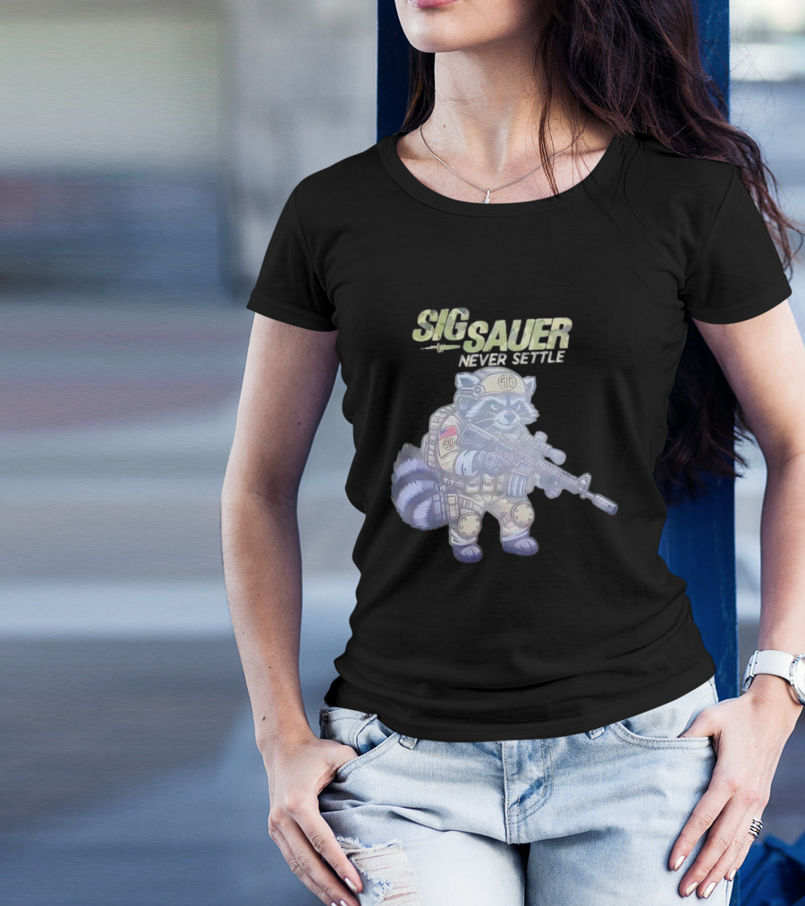 Raccoon Soldier Sig Sauer Never Settle Tactical Gear T-Shirt
