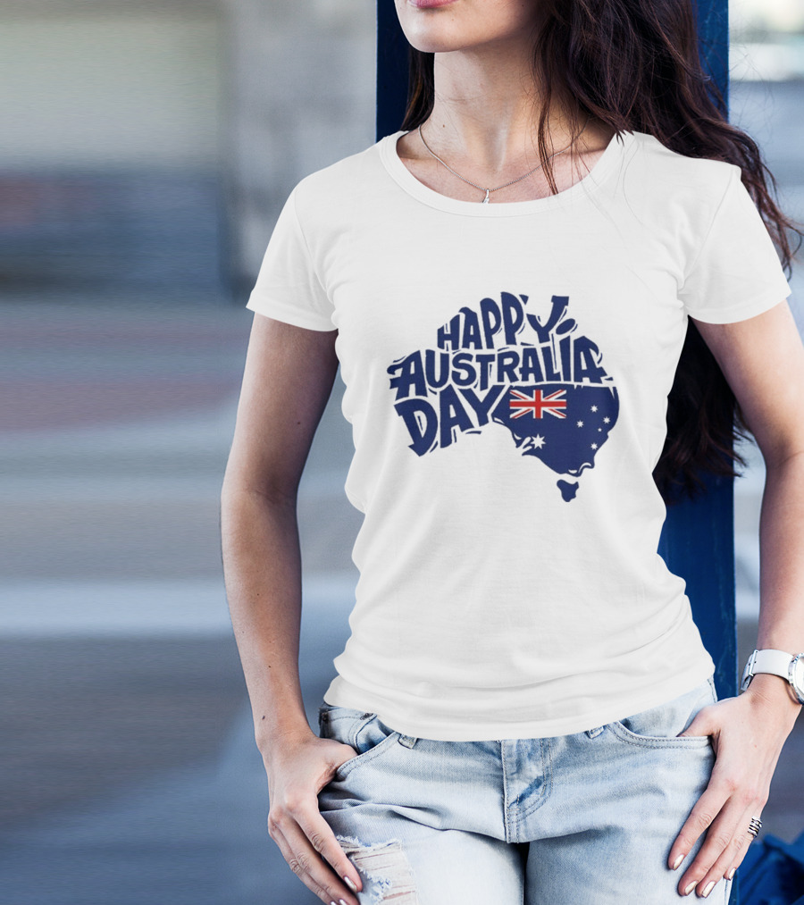 Happy Australia Day Map With Flag Inside Text T-Shirt