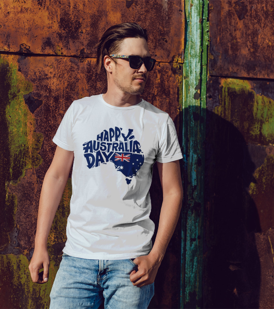 Happy Australia Day Map With Flag Inside Text T-Shirt
