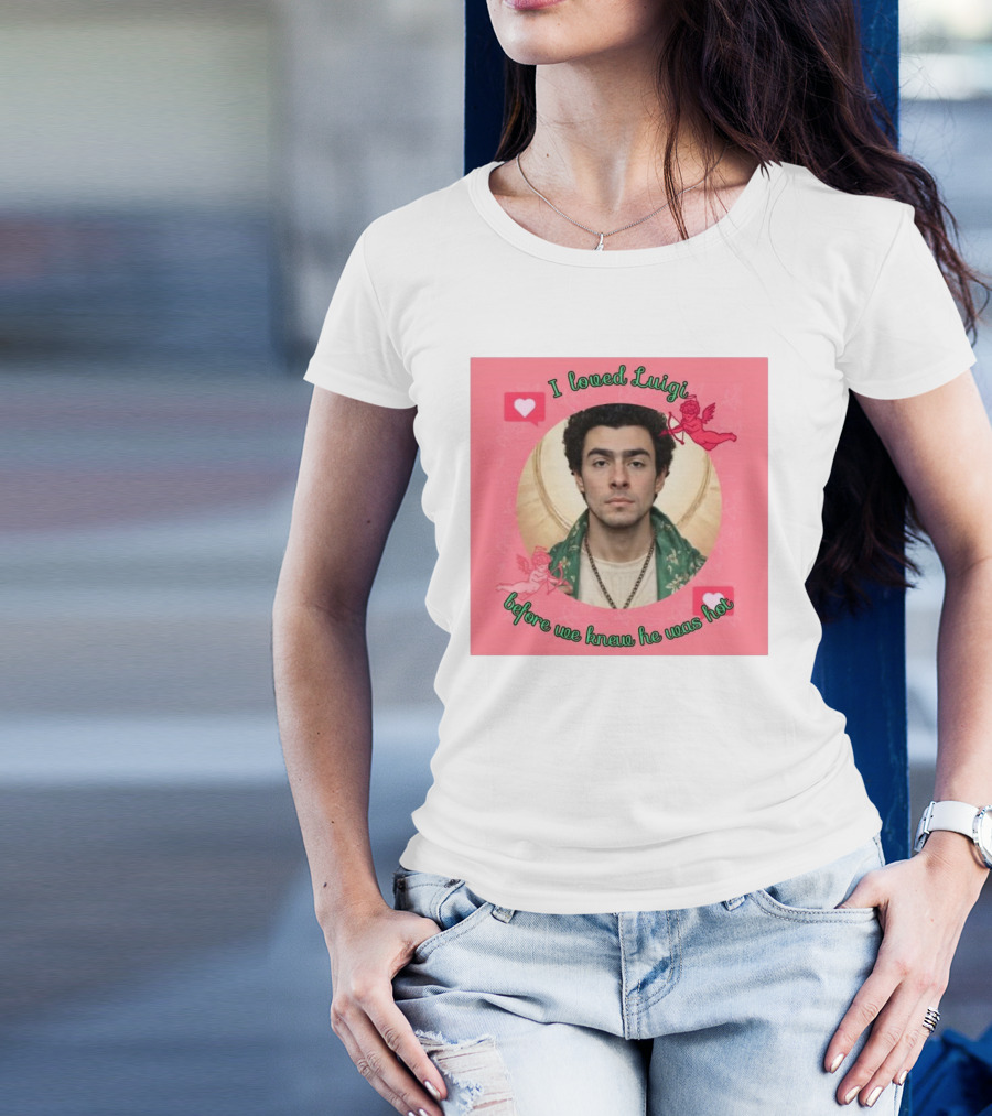 I Loved Luigi Before We Knew He Was Hot Pink Background Heart And Cupid Design T-Shirt