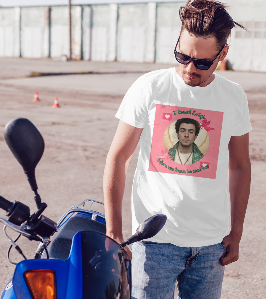 I Loved Luigi Before We Knew He Was Hot Pink Background Heart And Cupid Design T-Shirt