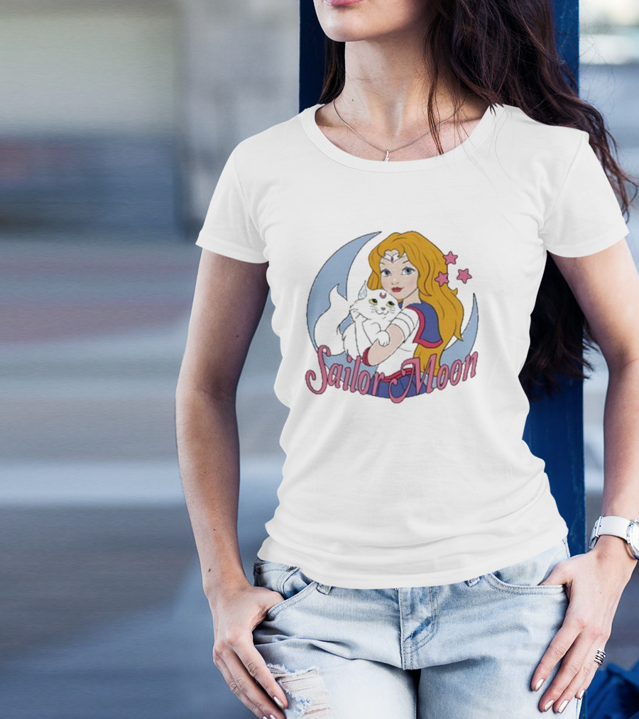 Sailor Moon Holding White Cat With Stars T-Shirt
