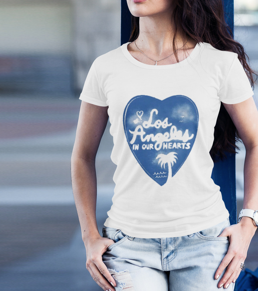 Los Angeles In Our Hearts Blue Heart With Palm Tree T-Shirt