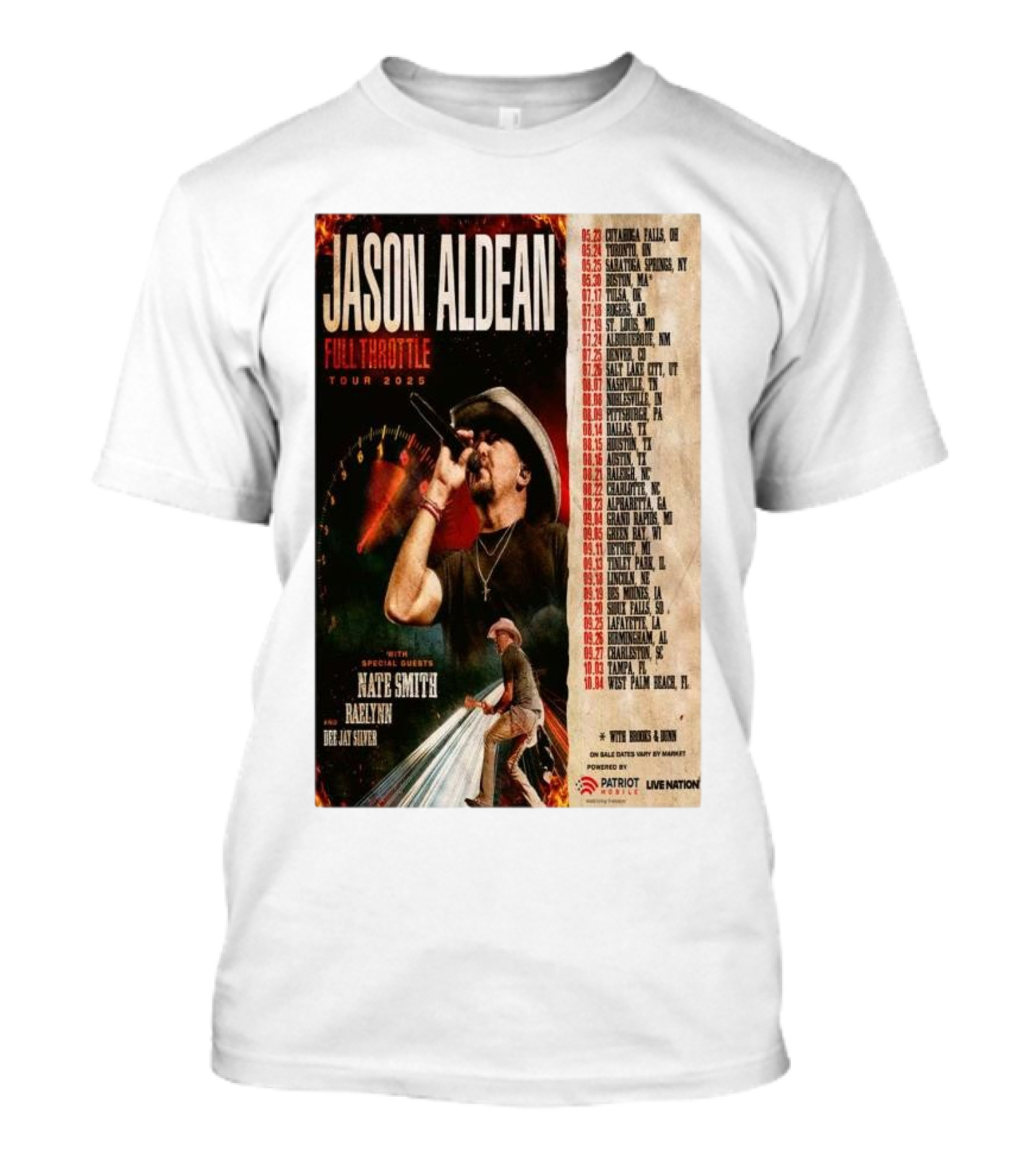 Jason Aldean Full Throttle Tour 2025 With Special Guests Nate Smith Raelynn Dee Jay Silver Dates And Cities T-Shirt