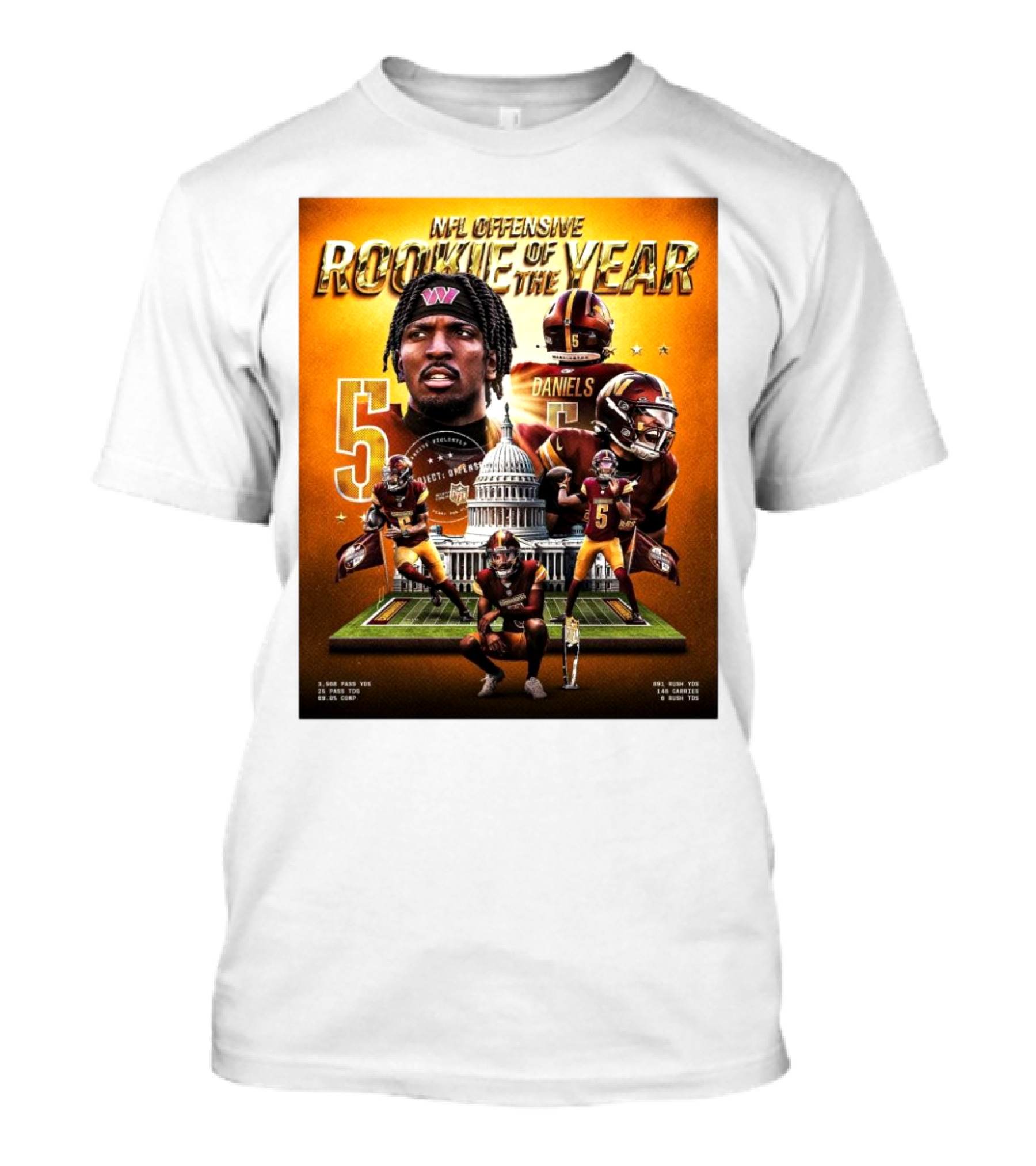 NFL Offensive Rookie Of The Year Jayden Daniels Washington Commanders 1,568 Pass YDs 14 Games 6 Rush TDs T-Shirt