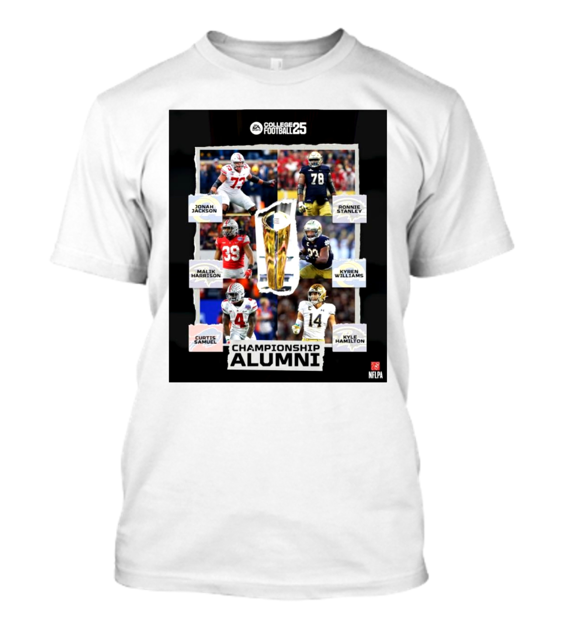 EA College Football 25 Championship Alumni Jonah Jackson Ronnie Stanley Malik Harrison Kyren Williams Curtis Samuel Kyle Hamilton NFLPA T-Shirt