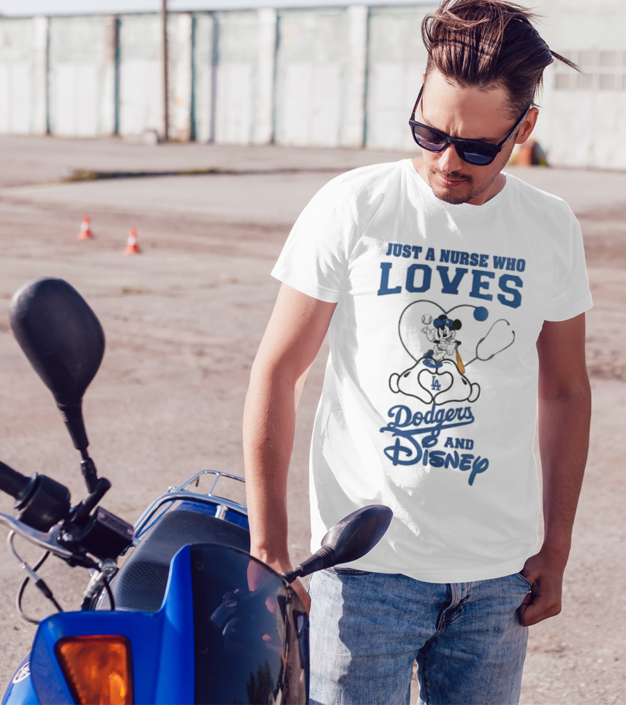 Just A Nurse Who Loves Dodgers And Disney Mickey Mouse Baseball T-Shirt