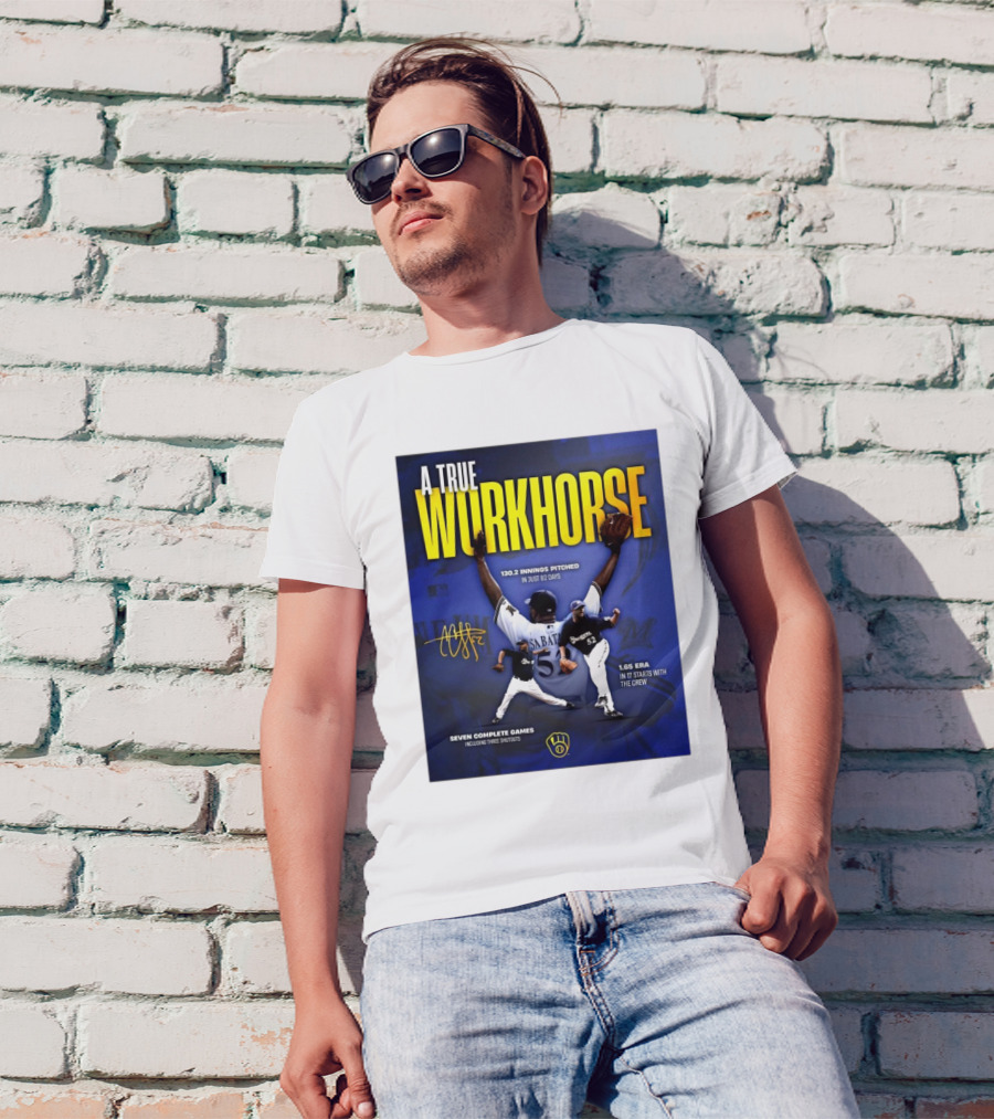 A True Workhorse Milwaukee Brewers CC Sabathia 130.2 Innings 82 Days 1.65 ERA Seven Complete Games Signature T-Shirt