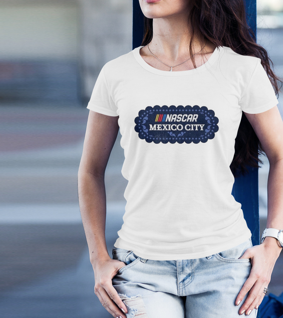 NASCAR Mexico City Scalloped Emblem With Colorful Stripes On Blue Background T-Shirt