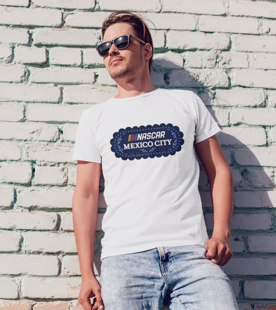 NASCAR Mexico City Scalloped Emblem With Colorful Stripes On Blue Background T-Shirt