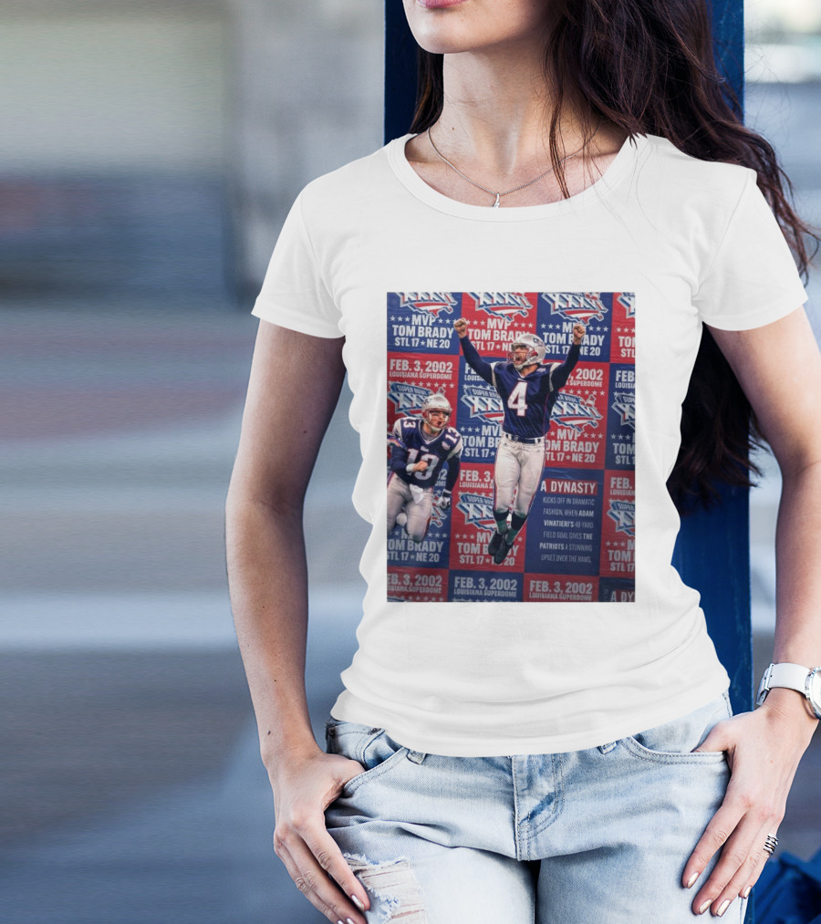 MVP Tom Brady Feb 3 2002 Louisiana Superdome A Dynasty Kicks Off Dramatic Fashion Super Bowl XXXVI T-Shirt