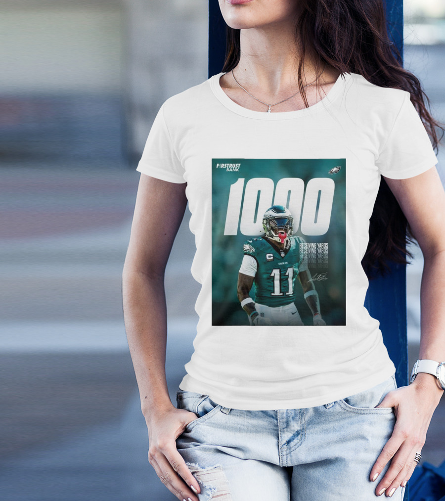 Philadelphia Eagles A.J. Brown 1000 Receiving Yards Signature Fly Eagles Fly NFL T-Shirt