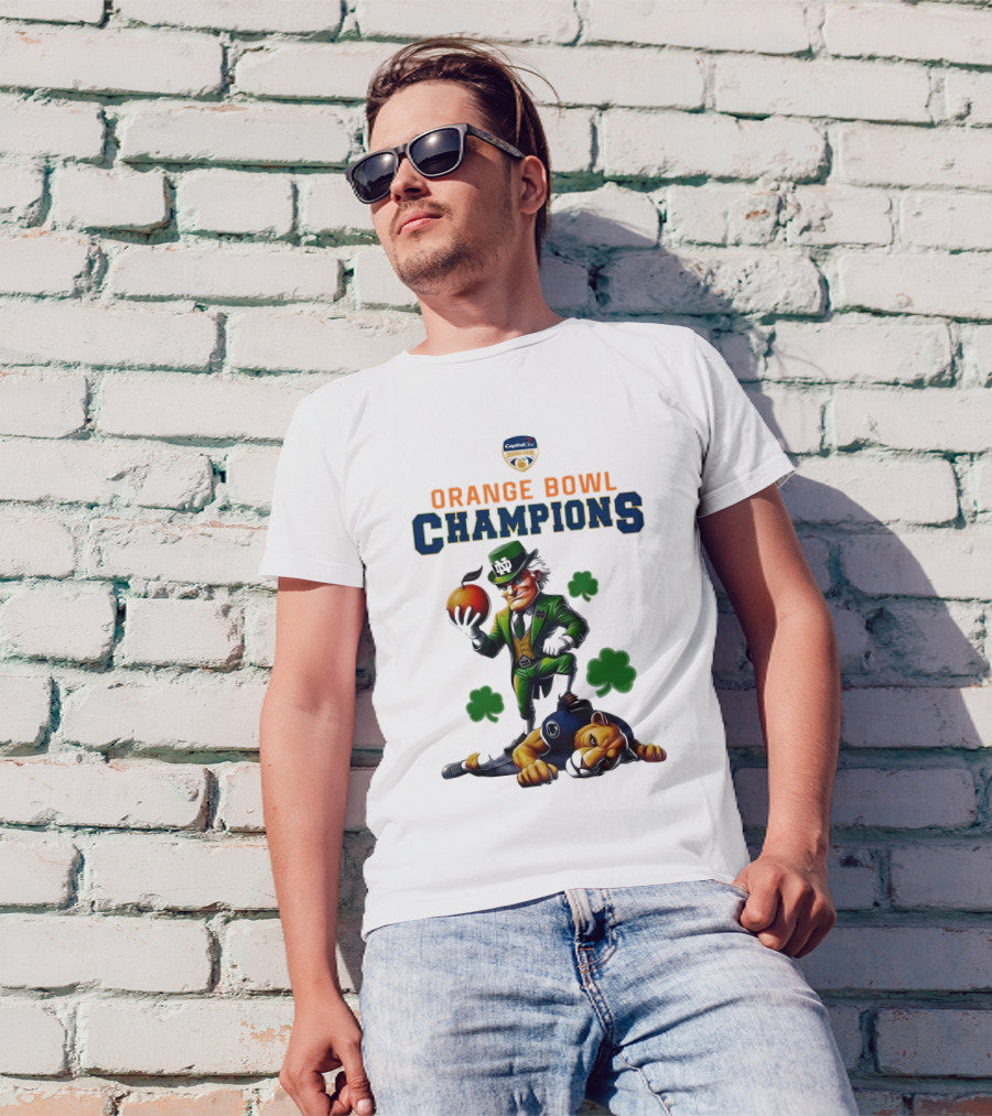 Notre Dame Fighting Irish 2025 Orange Bowl Champions Mascot Celebration Shamrocks T-Shirt