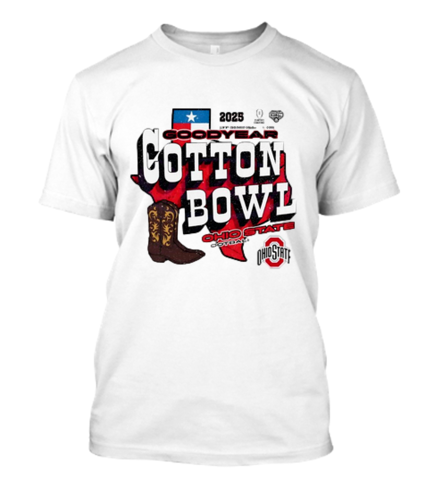 Ohio State Buckeyes Football Goodyear Cotton Bowl 2025 Texas Map Cowboy Boot T-Shirt
