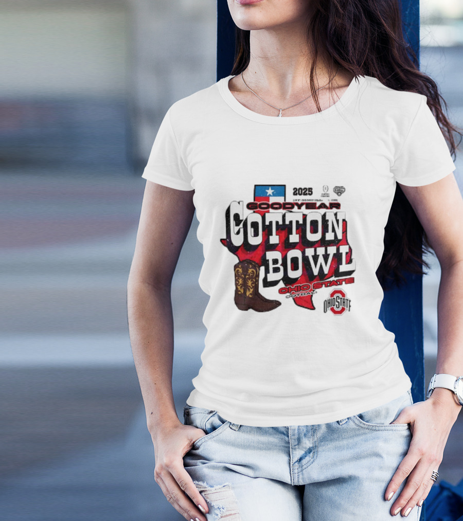 Ohio State Buckeyes Football Goodyear Cotton Bowl 2025 Texas Map Cowboy Boot T-Shirt