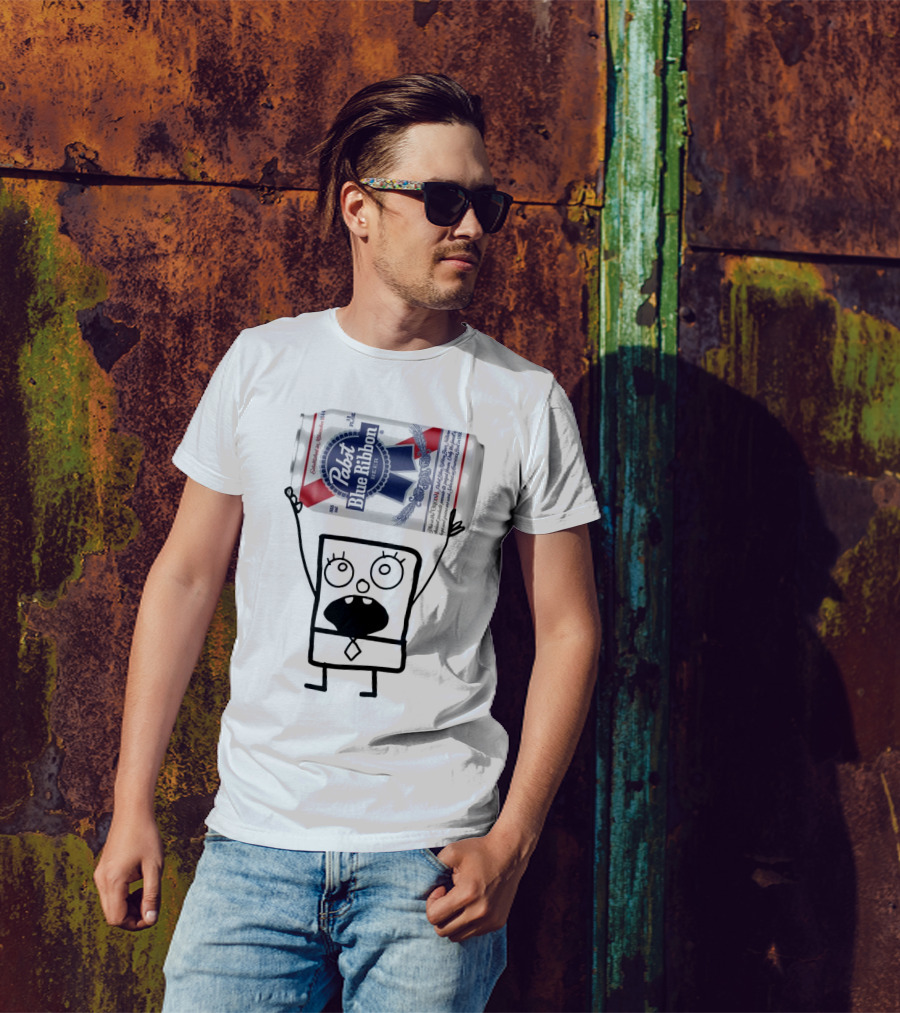 Pabst Blue Ribbon Doodlebob SpongeBob SquarePants Canned Beer Character T-Shirt