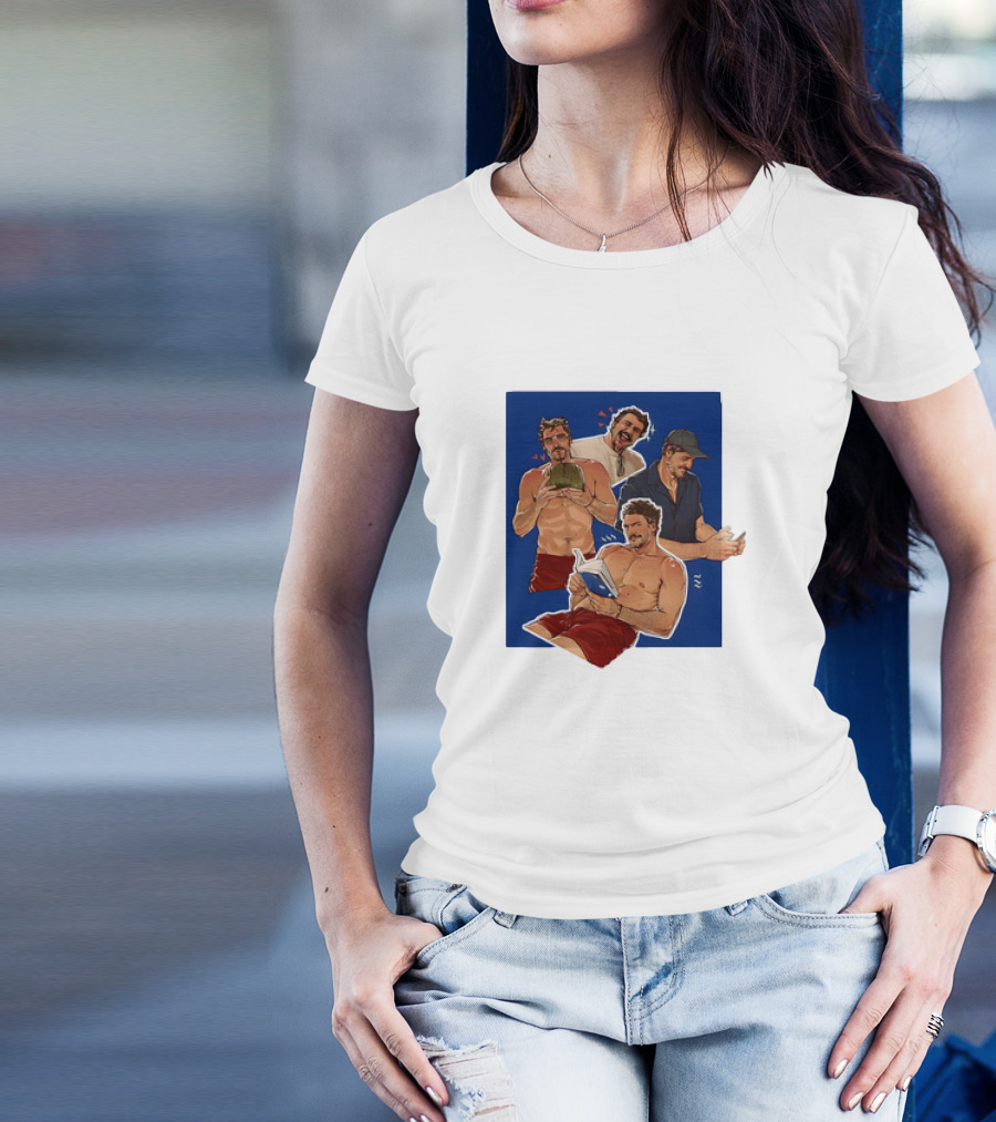 Pedro Pascal Humorous Illustrated Collage Reading And Relaxing Moments T-Shirt