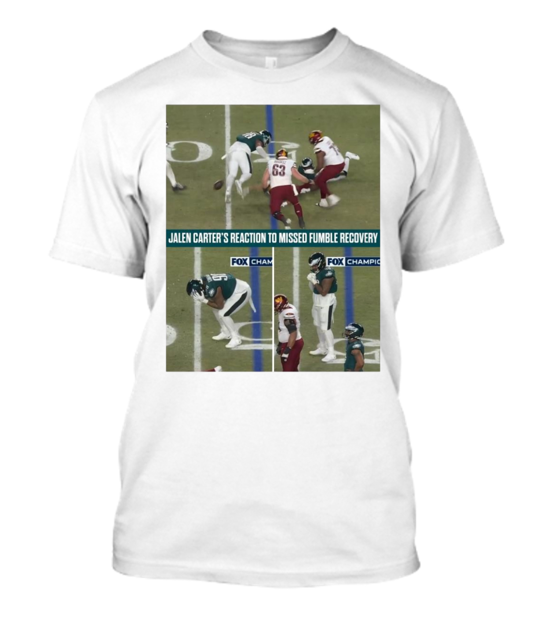 Philadelphia Eagles Jalen Carter Reaction Missed Fumble Recovery Fox Championship T-Shirt